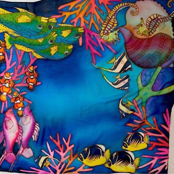 Silk chiffon Lee Caldwell tropical ocean fish hand painted scarf 29” square - Picture 2 of 14